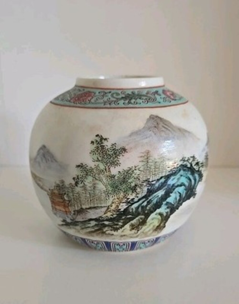 Porcelain Jar Vase Vintage Chinese Jasmine Tea Enameled Hand Painted Scenery
